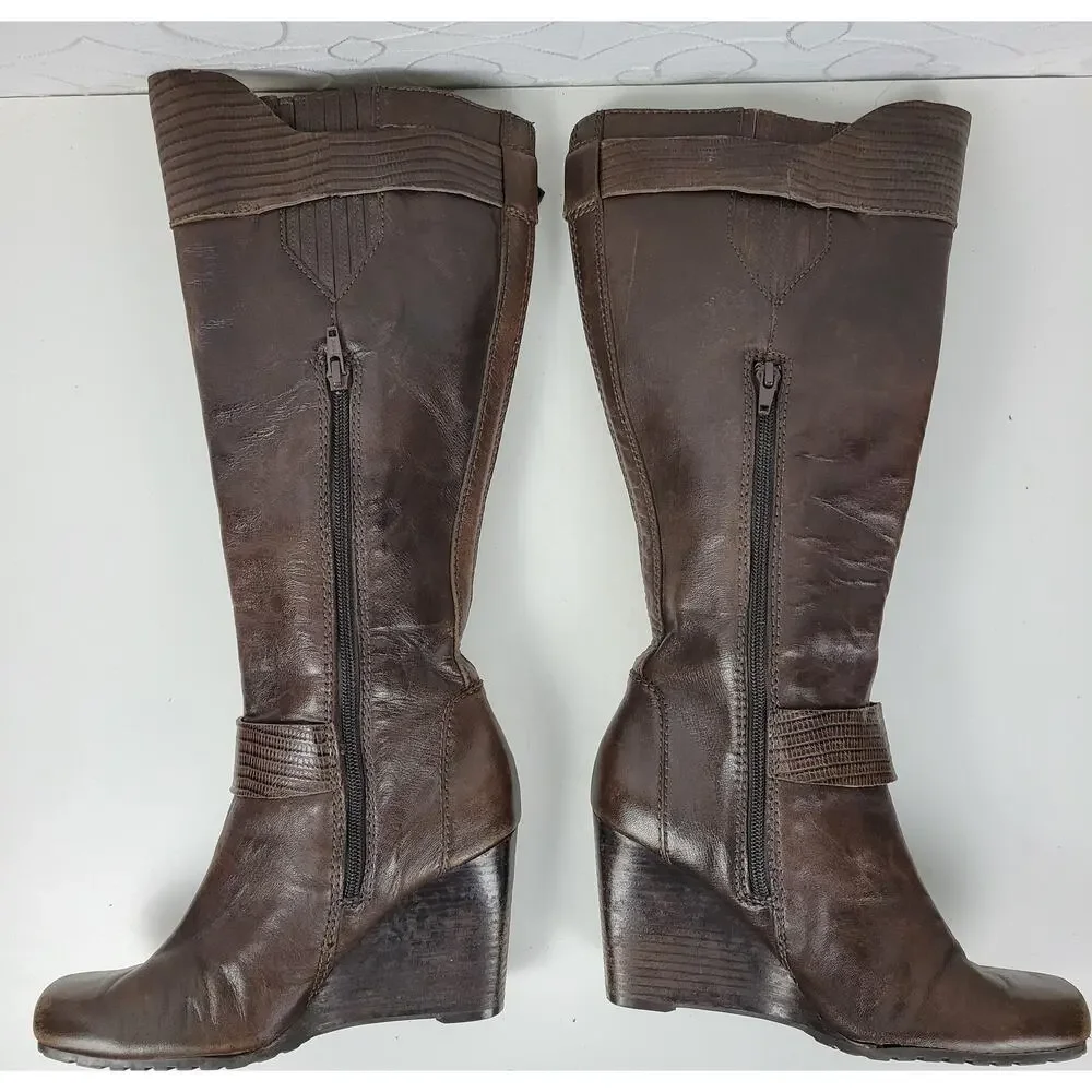 a.n.a. A New Approach Womens Boots 7 Brown Leather Knee High Wedges Heels Buckle